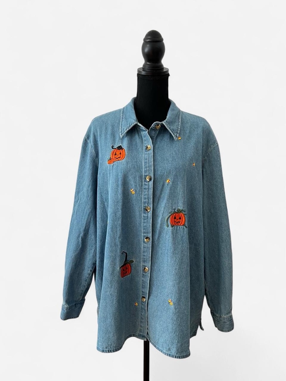 Vintage 90s Denim Shirt Halloween Jack O’Lanterns Grannycore Whimsygoth XL